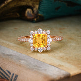 Princess Cut 1.2 Carat Citrine Pave Ring Halo Engagement Ring
